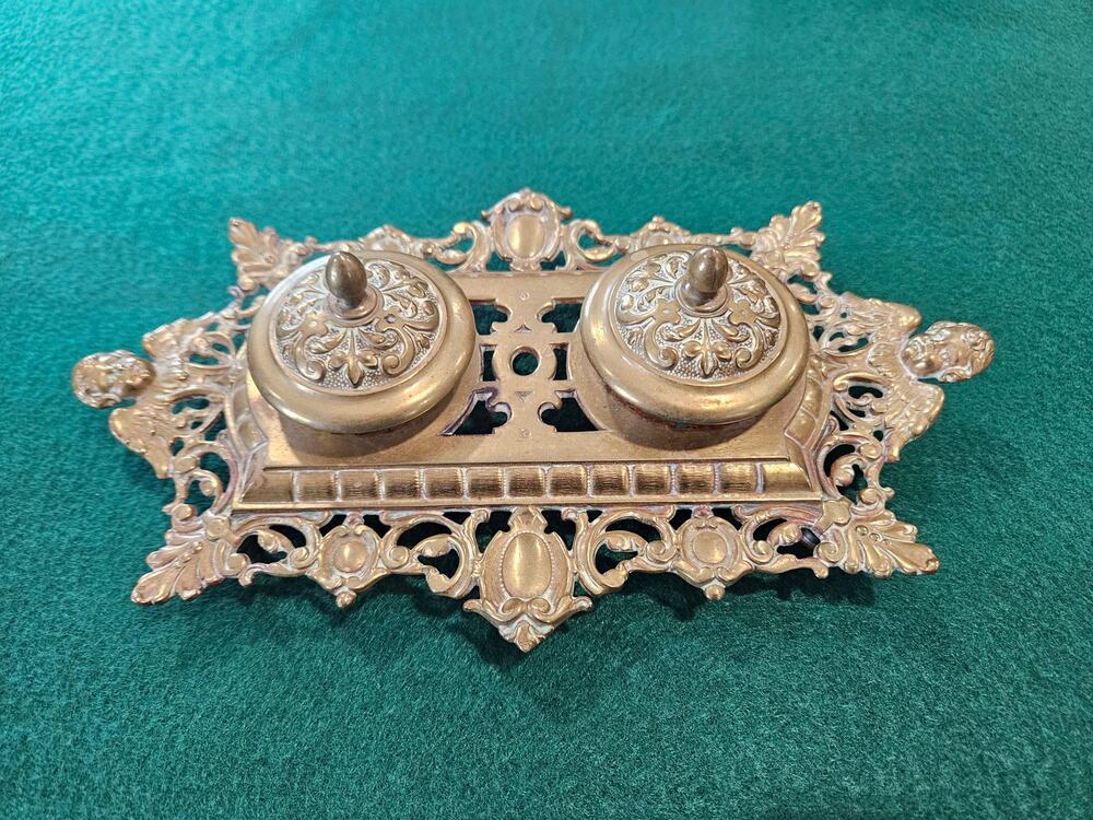 Vintage Brass Double Inkwell- Angel Designs. Victorian